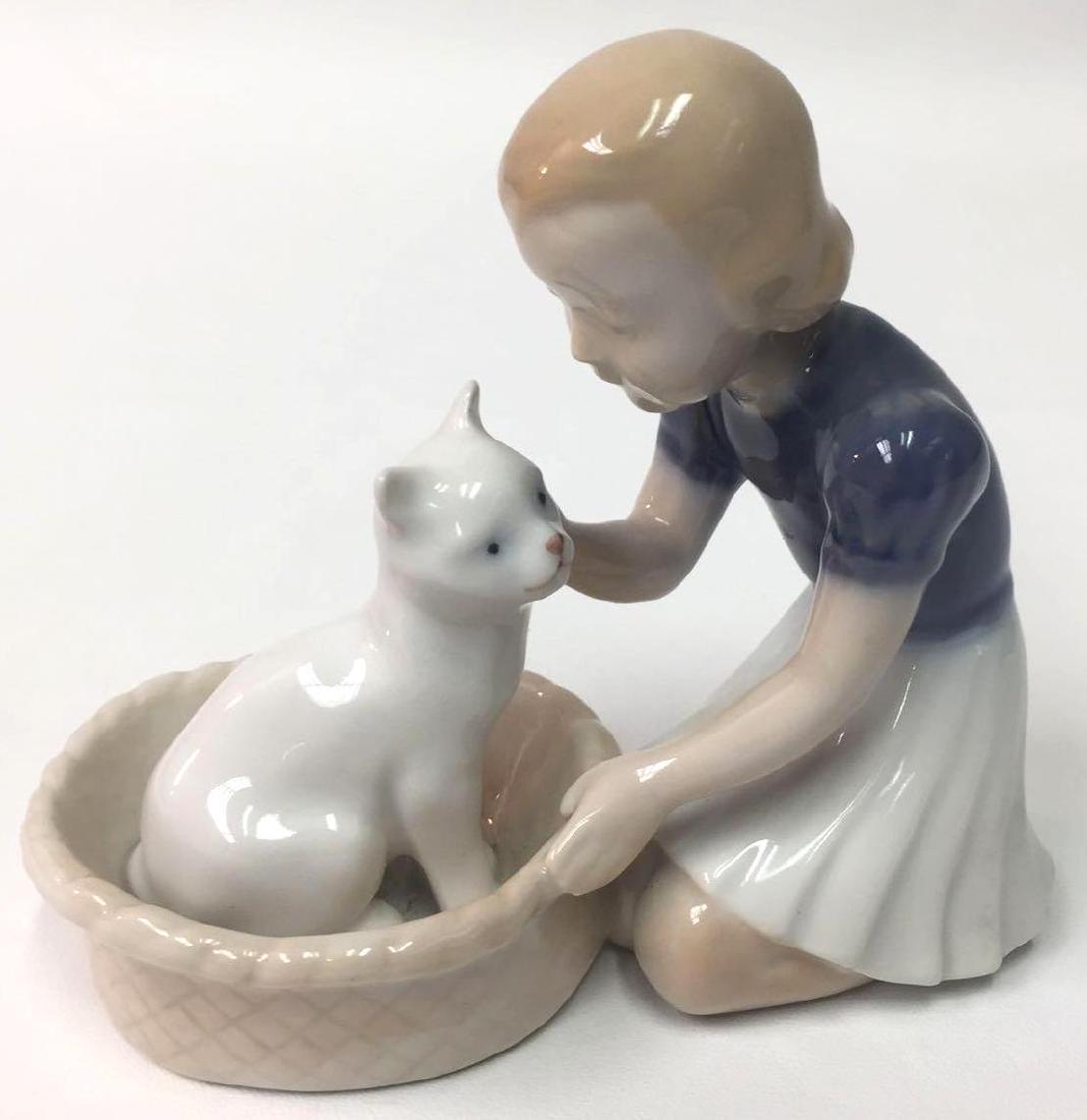Bing & Grondahl #2249 Friends Figurine: Bing & Grondahl Porcelain Figurine, #2249, "Friends" Of Girl With Cat In Basket. Designed By Claire Weiss. Marked B&G Copenhagen Porcelain, 2249. Made In Denmark. &