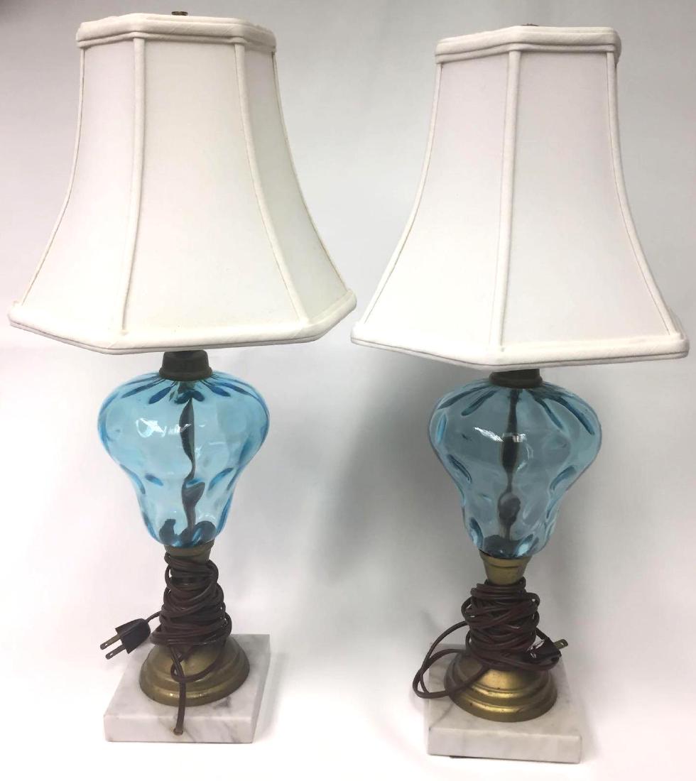 Pair of Antique Blue Glass Oil Lamps w Marble Base: Pair Of Antique Oil Table Lamps (Electrified), Light Blue Thumbprint Glass Set In Metal Stem, On Marble Base With Silk Shade. One Lamp Has Slight Crack In Metal Stem. 9"w x 21"h