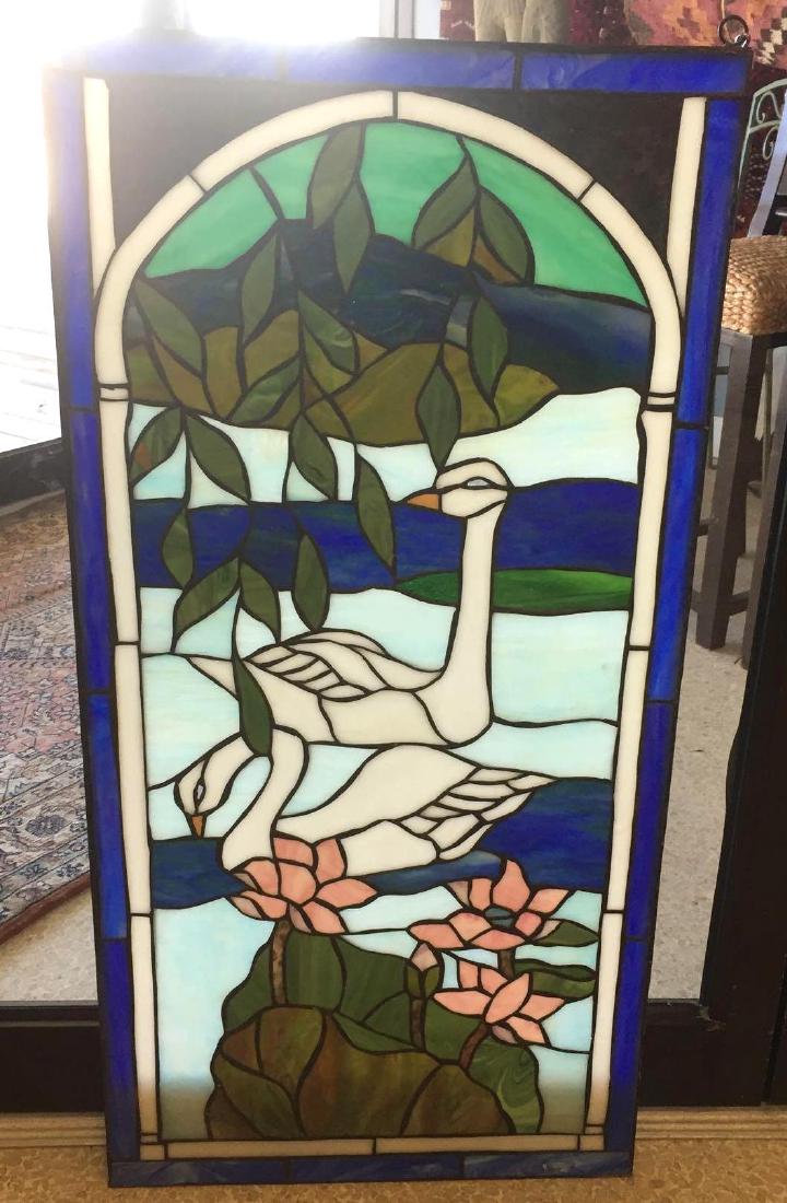 Stained Glass - Cranes & Lotus Blossoms: Stained Glass, Lead Framed Cranes And Lotus Blossom Display, 19-1/2"w x 39"h,