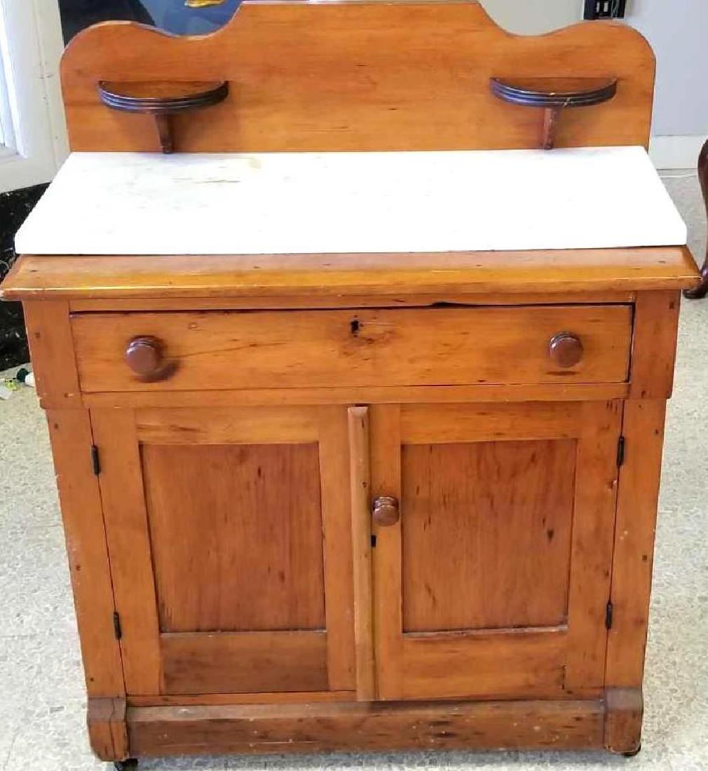 Antique Wooden Dry Sink with Marble Top and Backsplash