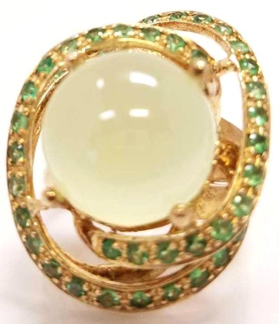 Prehite & Tsavorite Ring. SS & 22k Gold: Prehite & Tsavorite Ring. SS & 22k Gold Vermeil. One Natural Round Cabochon Cut Prehite & Pave Set Tsavorites. Size 6