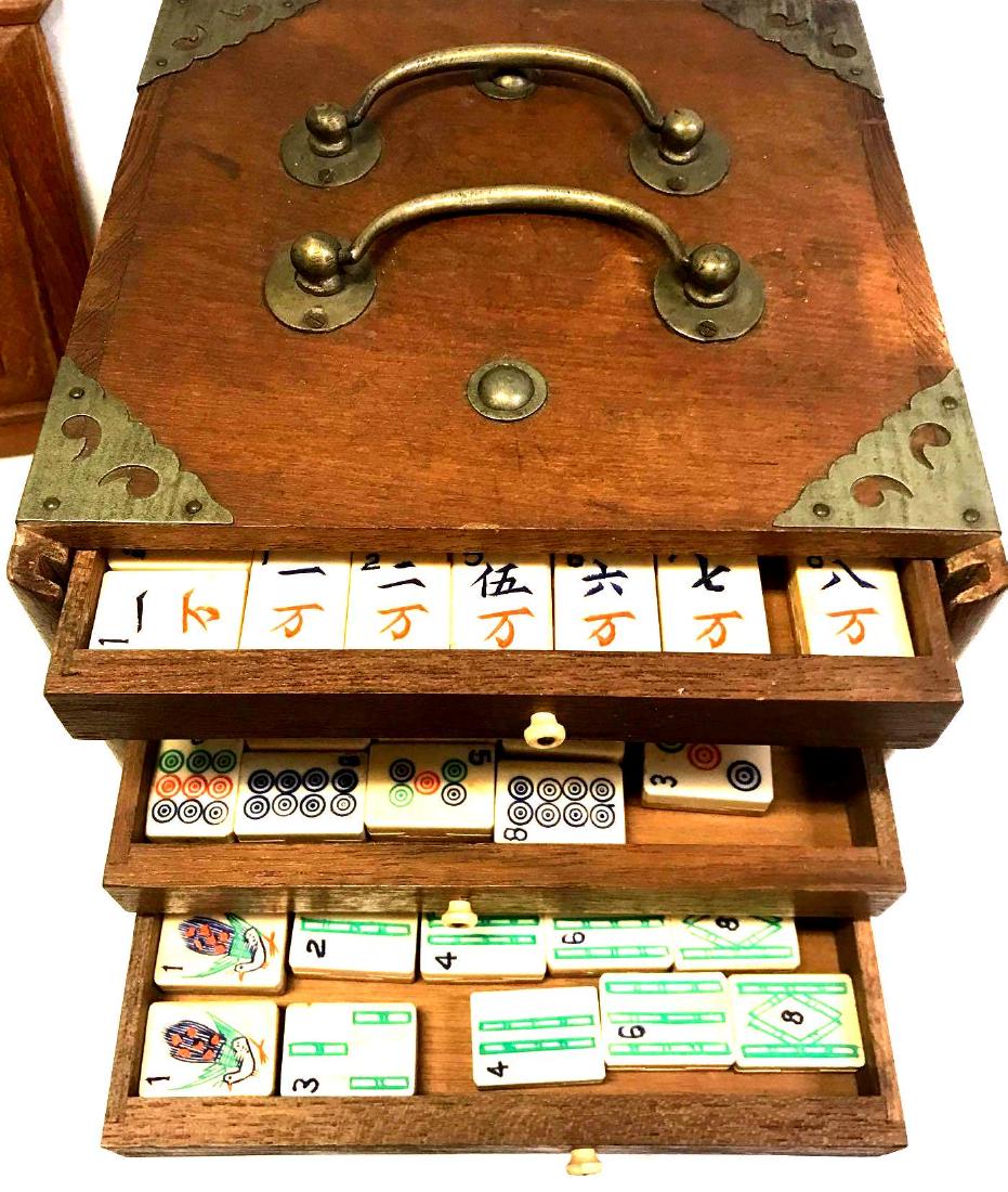 Vintage Bone Tile Mahjong Set Wood Case: Vintage Engraved Bone Tile Mahjong Set Great Wood Case with Drawers Brass Mounts 