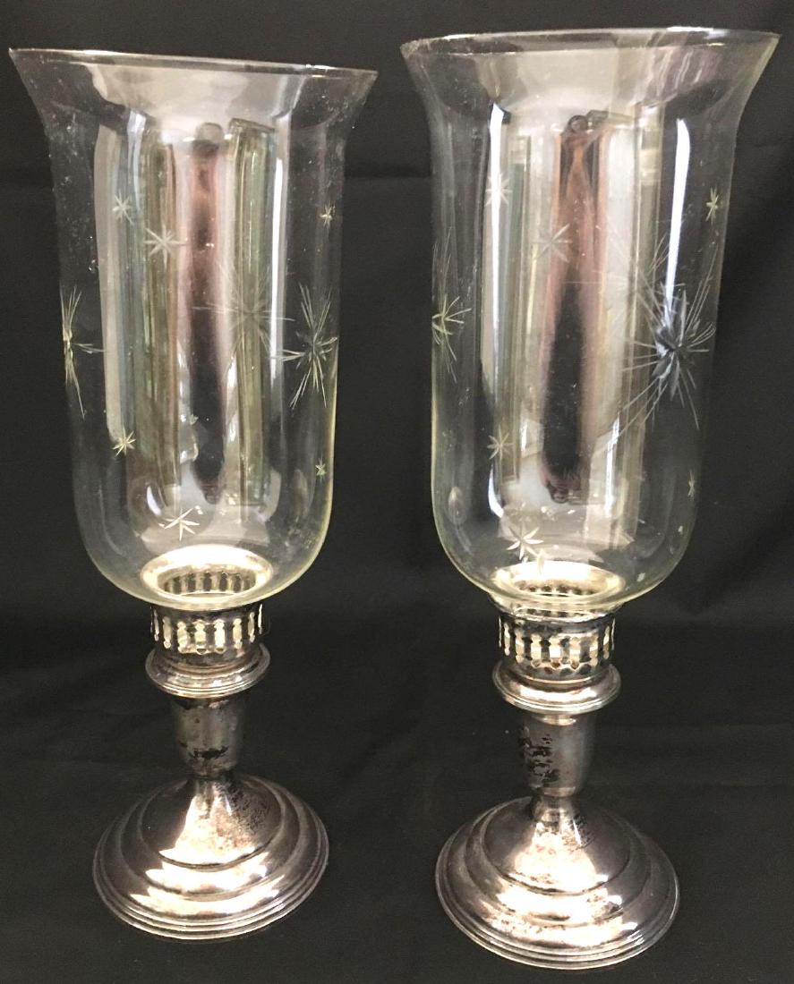 Antique Sterling Weighted Candlesticks Hurricane Globes: Antique Sterling Silver Weighted Candlesticks with Hurricane Globes.