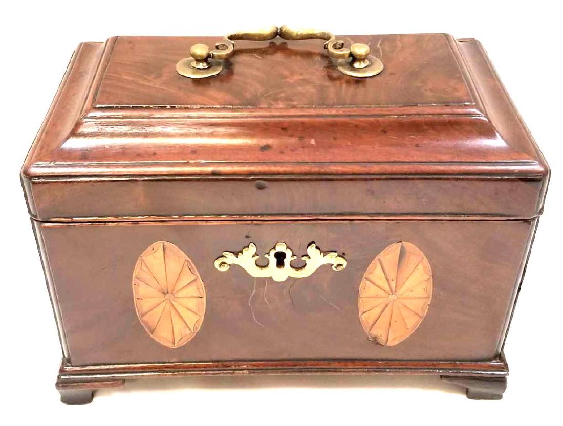 18th Century Inlaid Mahogany Chippendale Tea Caddy: 18th Century Chippendale Period Mahogany Tea Caddy Tow Tin Canisters w/ Original Key (1760) Beautiful Inlay6 1/2" x 9 1/2" x 5 1/2"