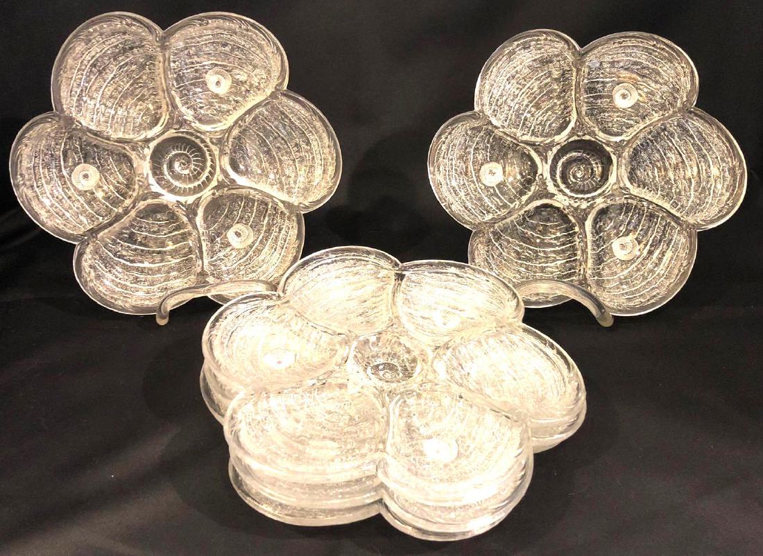 5 Vintage Portieux Vallerysthal Oyster Plates: Clear Glass Oyster Plates, 8 5/8" in Diameter, Three Glass Shell Feet On The Bottom.