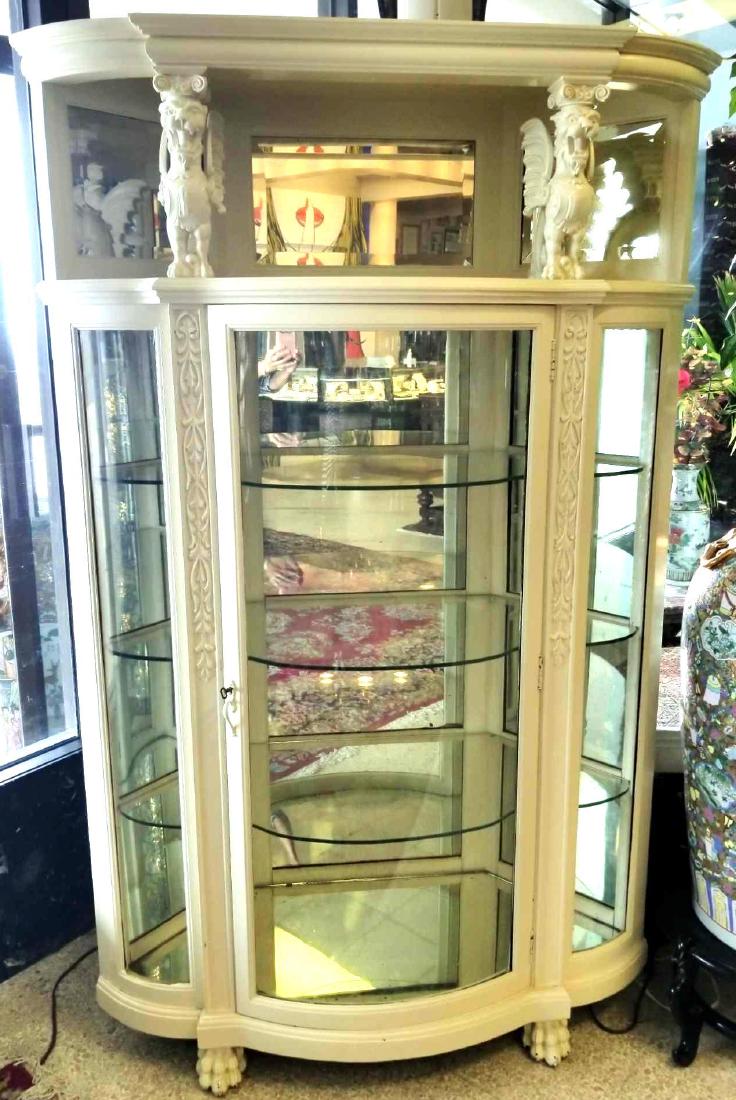 Antique Oak Hooded Curio Top China Cabinet: Fancy Antique Oak Hooded Curio Top China Cabinet With Mirrors. One Door, Beveled Glass, Four Shelves, Claw Feet, And Carved Gargoyles At The Top. Circa 1895. 72 Inches High. Approx 47 Inches Wide
