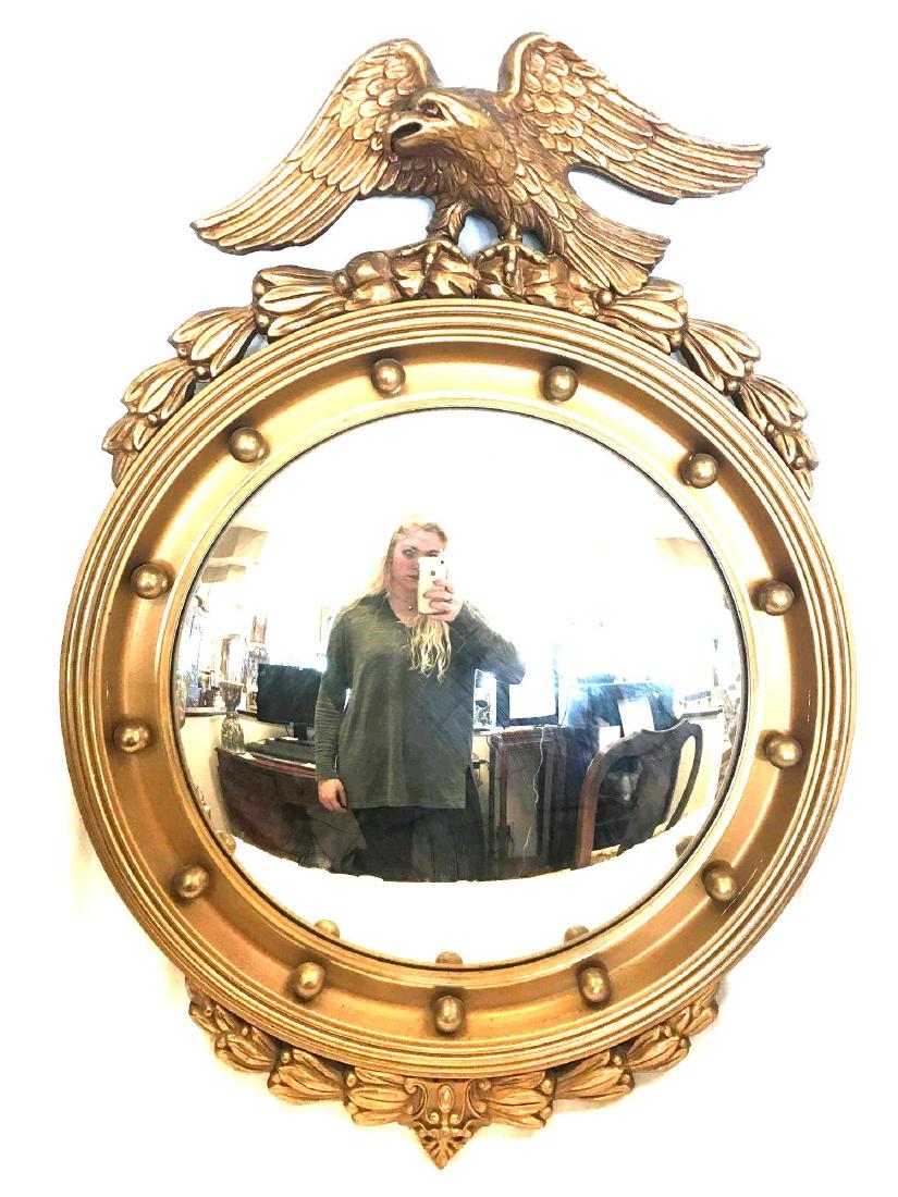 Vintage Convex Mirror American Federal Gilt Eagle: Vintage Convex Mirror American Federal Gilt Eagle, Mid-Century Plaster Wall, Mid-Century Wood Gold Bulls-Eye, Navy Admiral Fleet. Has 13 gilded balls around the mirror representing the original t