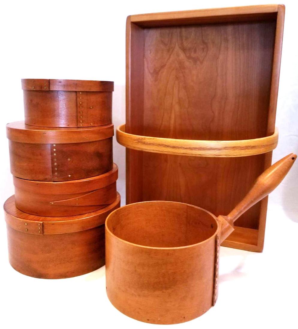 Antique Woodenware Fryes Shaker Items: Measure Mills Co. Four Nesting Round Boxes, One Open Handled Pot and One Large Rectangle Handled Basket