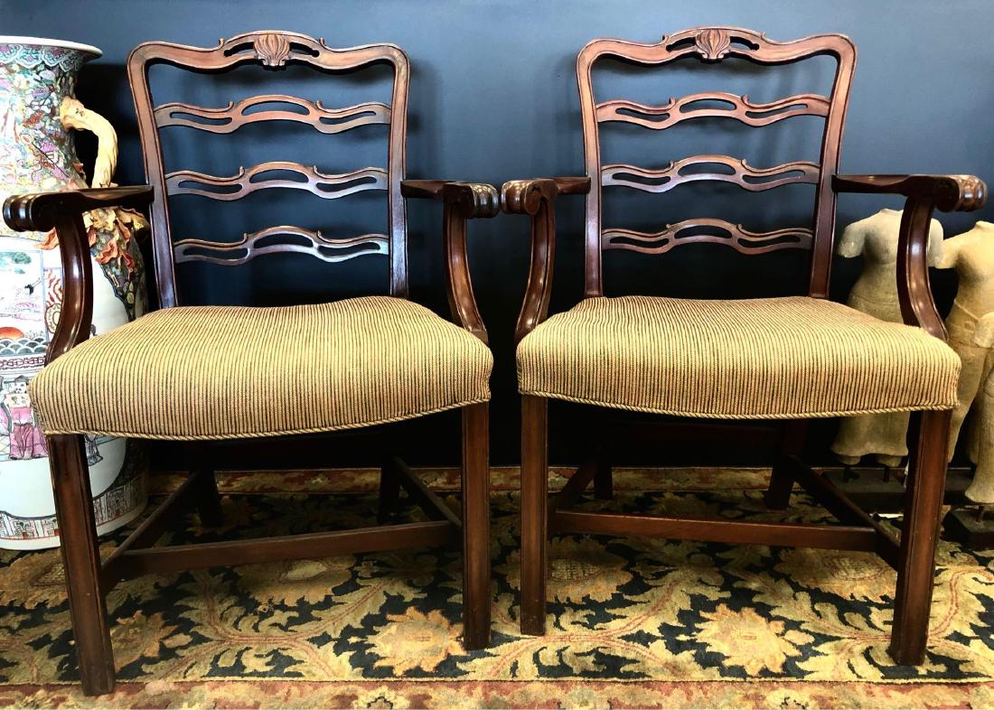 Duncan Phyfe Style Upholstered Arm Chairs: Duncan Phyfe Style Upholstered Arm Chairs. To Include, Two Duncan Phyfe Style Upholstered Arm Chairs Each in Good Condition. Some Minor Marks to Upholostry Shown in Photos. Chairs Measure Approx. 3' 2