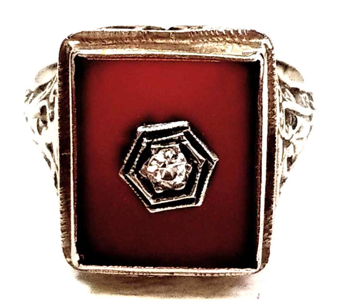 Antique 14K White Gold Carnelian Diamond Ring: Antique 14K White Gold Carnelian and Diamond Ring. Measuring Size 5 1/4, Weighing 1.72 DWT. 