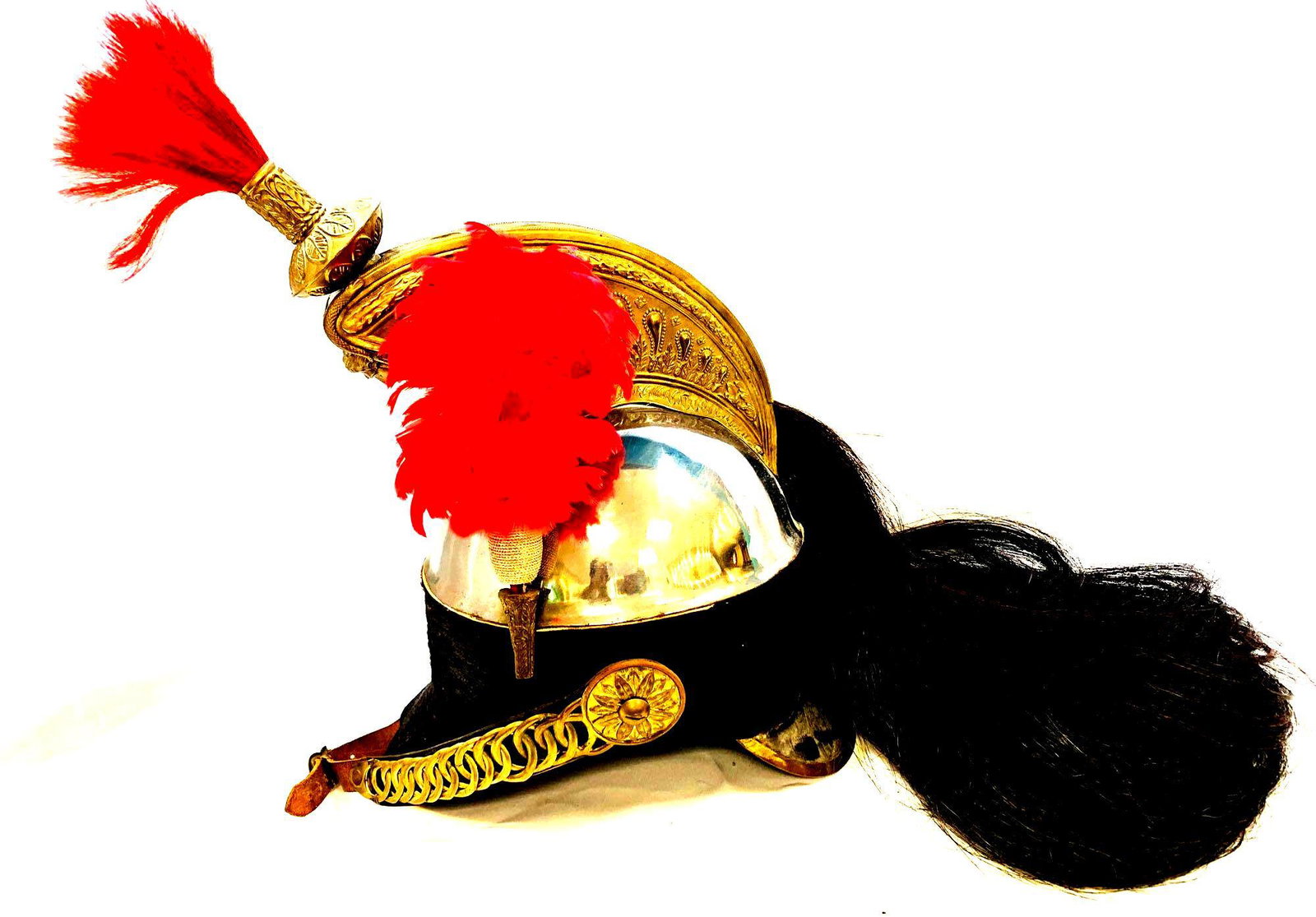 Early French Military Helmet with Plume & Pony Tail: Early French Military Helmet with Plume & Pony Tail. In Good Condition, Measures 16 1/2" in Height to Top of Plume, Pony Tail is Approx. 27 1/2" in Length. 