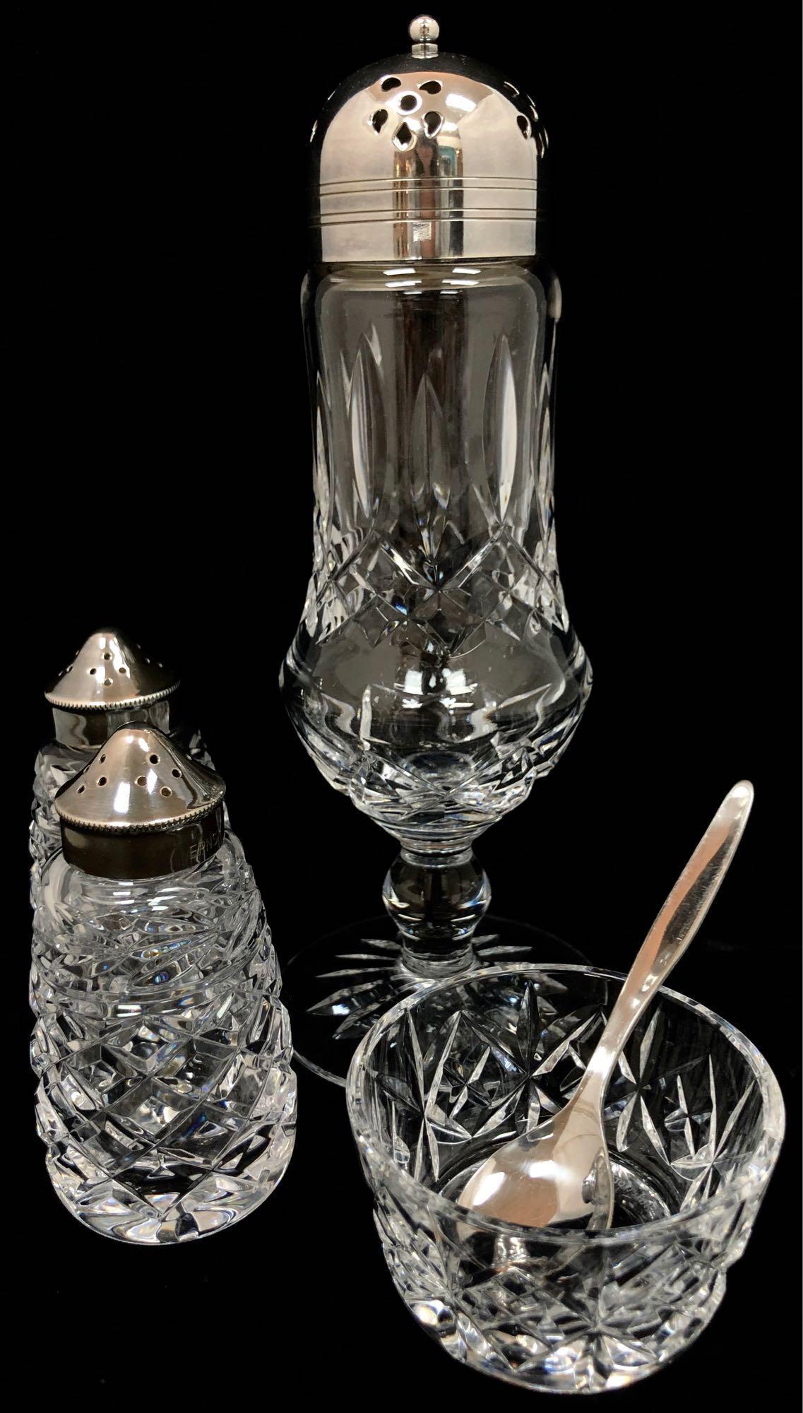 Collection of Waterford Condiment Containers: Collection of Waterford Condiment Containers. To Include One (1) Pair of Salt and Pepper Shakers, One (1) Sugar Shaker and One (1) Small Condiment Bowl with Spoon. Everything is in Excellent Condition
