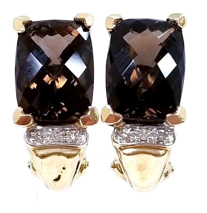 14k Gold Smokey Topaz & Diamond Earrings: 14k Yellow Gold Smokey Topaz & Diamond Earrings For Pierced Ears, Two (2) Checkerboard Cut Smokey Topaz Measure approx 16.9mm x 9mm