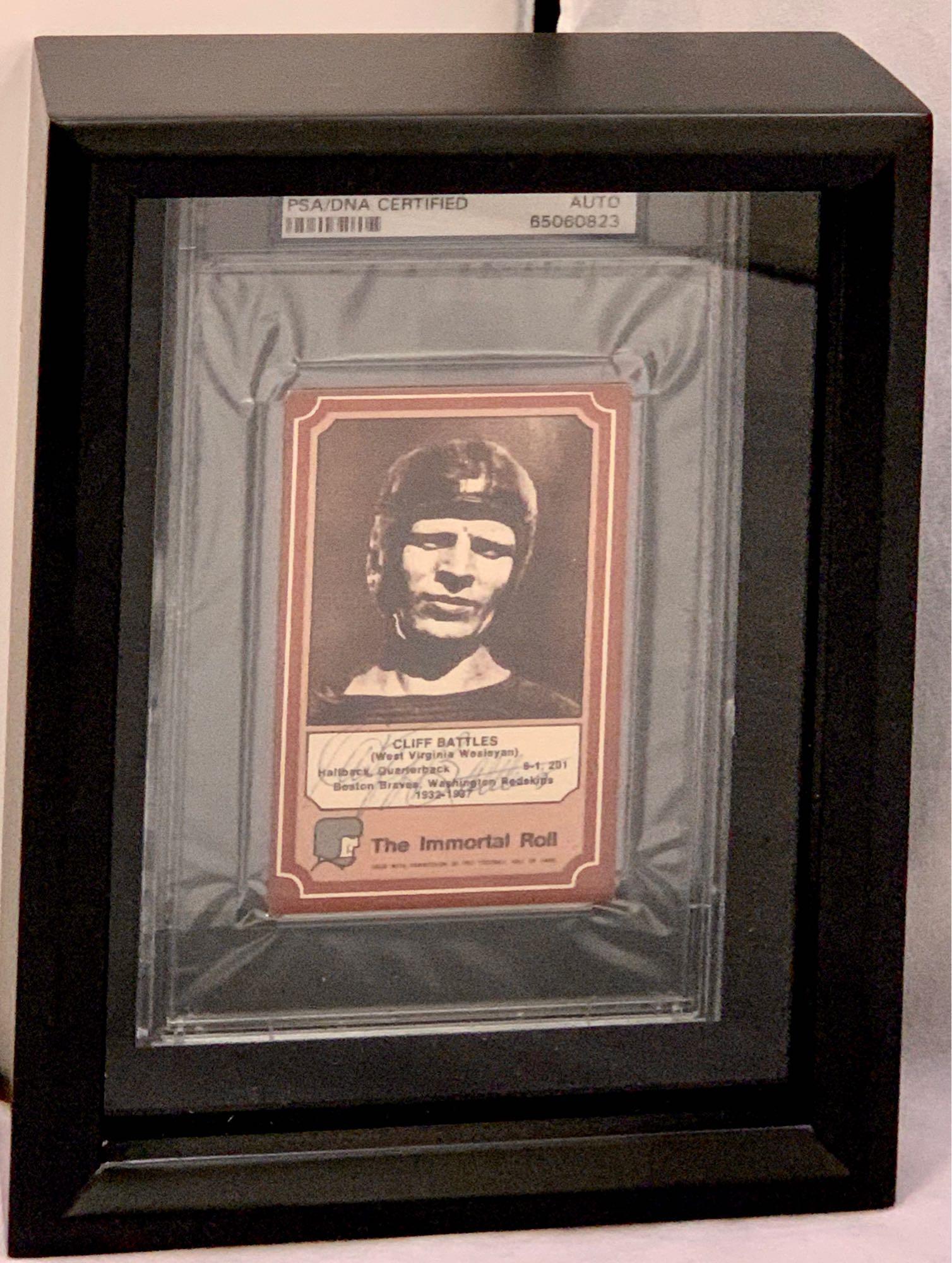 PSA/DNA Certified Cliff Battles Autographed Football: PSA/DNA Certified Cliff Battles Autographed Football Card. Shadowbox Framed Measures 6" x 8".