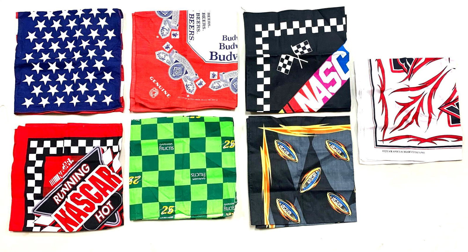 Collection Of Vintage Bandannas: Collection Of 7 Vintage Nascar, America, & Budweiser Bandannas.