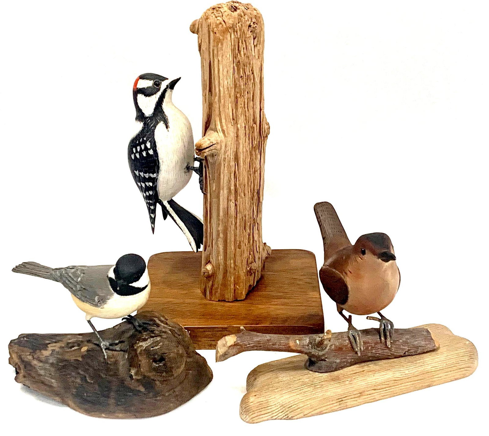 Hand-Made Wooden Birds by Jack & Bette Holt: Collection of Hand-Made Wooden Birds by Jack & Bette Holt. Wilmington Delaware, To Include One Signed 'Chickadee 1977', One Signed 'House Wren 1967' and One Signed 'Downy Woodpecker 1973'. 