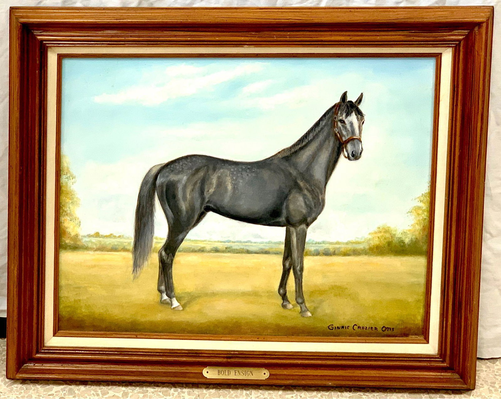 Bold Ensign by Ginnie Crozier Otis: Bold Ensigned by Ginnie Crozier Otis. Oil on Canvas Signed Bottom Rght 25"x 21"Framed.1986 Portrait of a Race Horse by Wilmington, Delaware Artist Ginnie Crozier Otis.