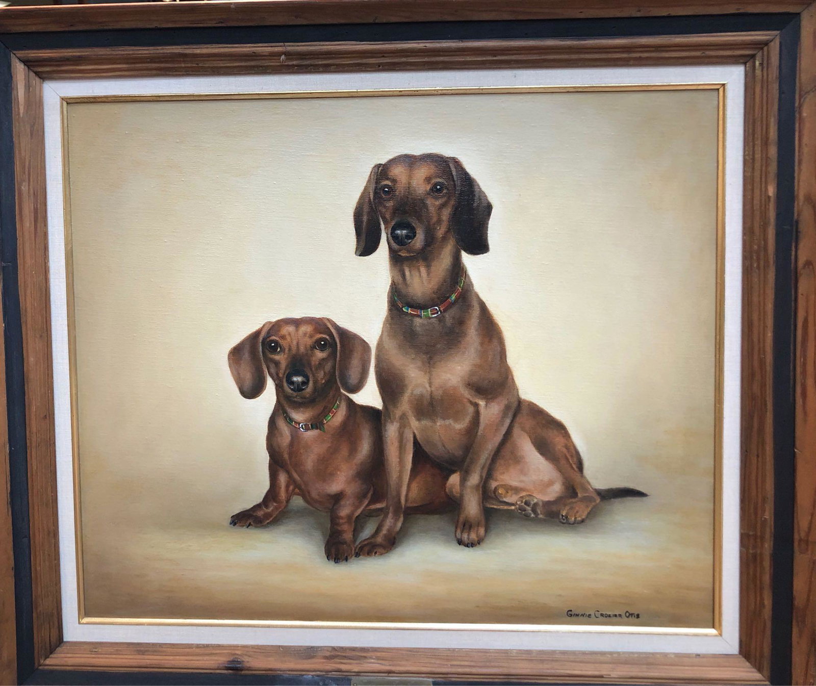 Tater and Tatze Tanner by Ginny Crozier Otis: Tater and Tatze Tanner by Ginny Crozier Otis. Oil on Canvas, Signed Bottom Right, Measuring 29 1/2" x 25 1/2" Framed. Portrait of Two (2) Dacshunds by Wilmington, Delaware Artist Ginnie Crozier O