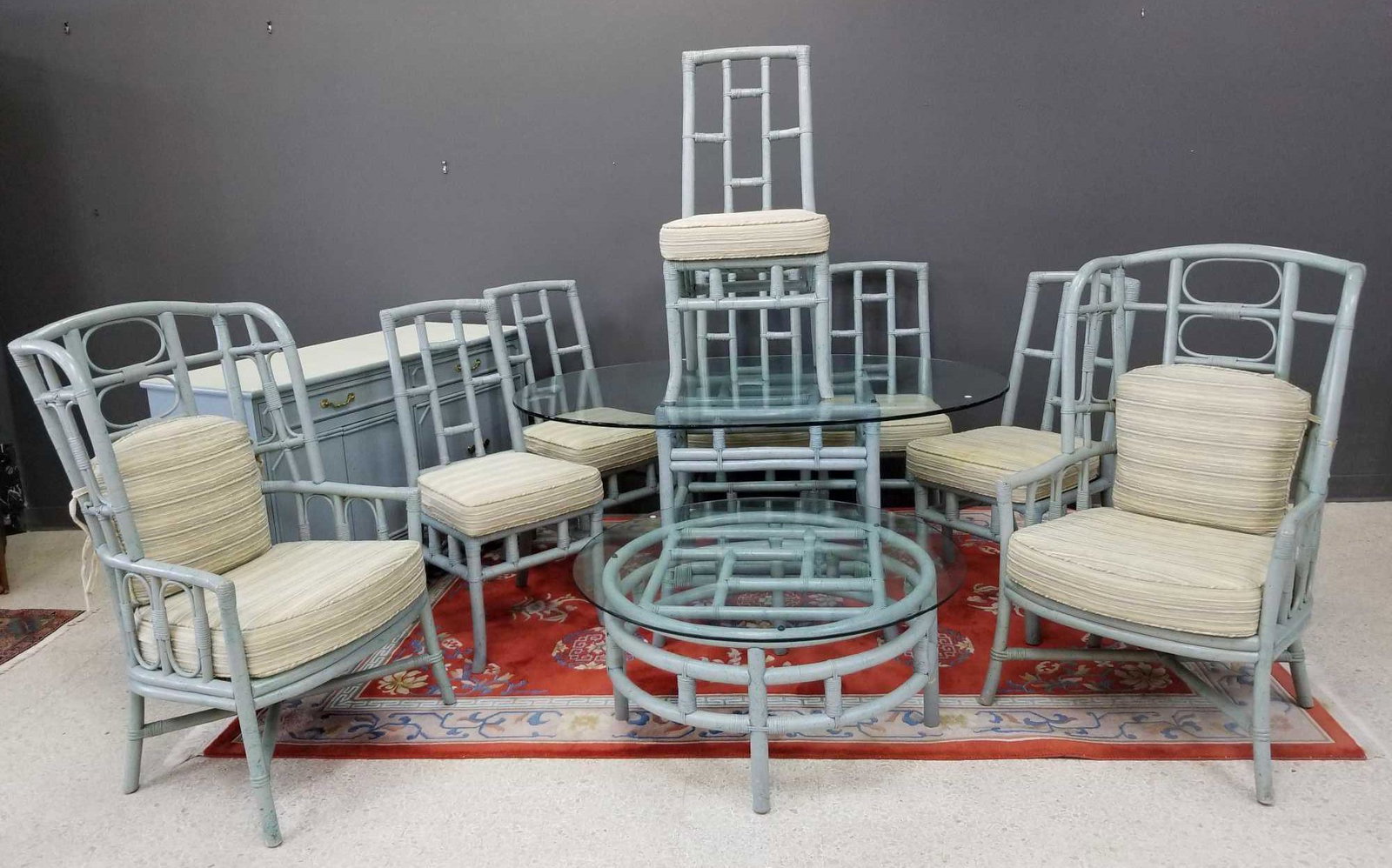 Vintage 11pc Rattan Sunroom Set: Vintage 11pc Rattan Sunroom Set. To Include Glass Top Table with Six Side Chairs, Two Armchairs, One Coffee Table & One Buffet. 