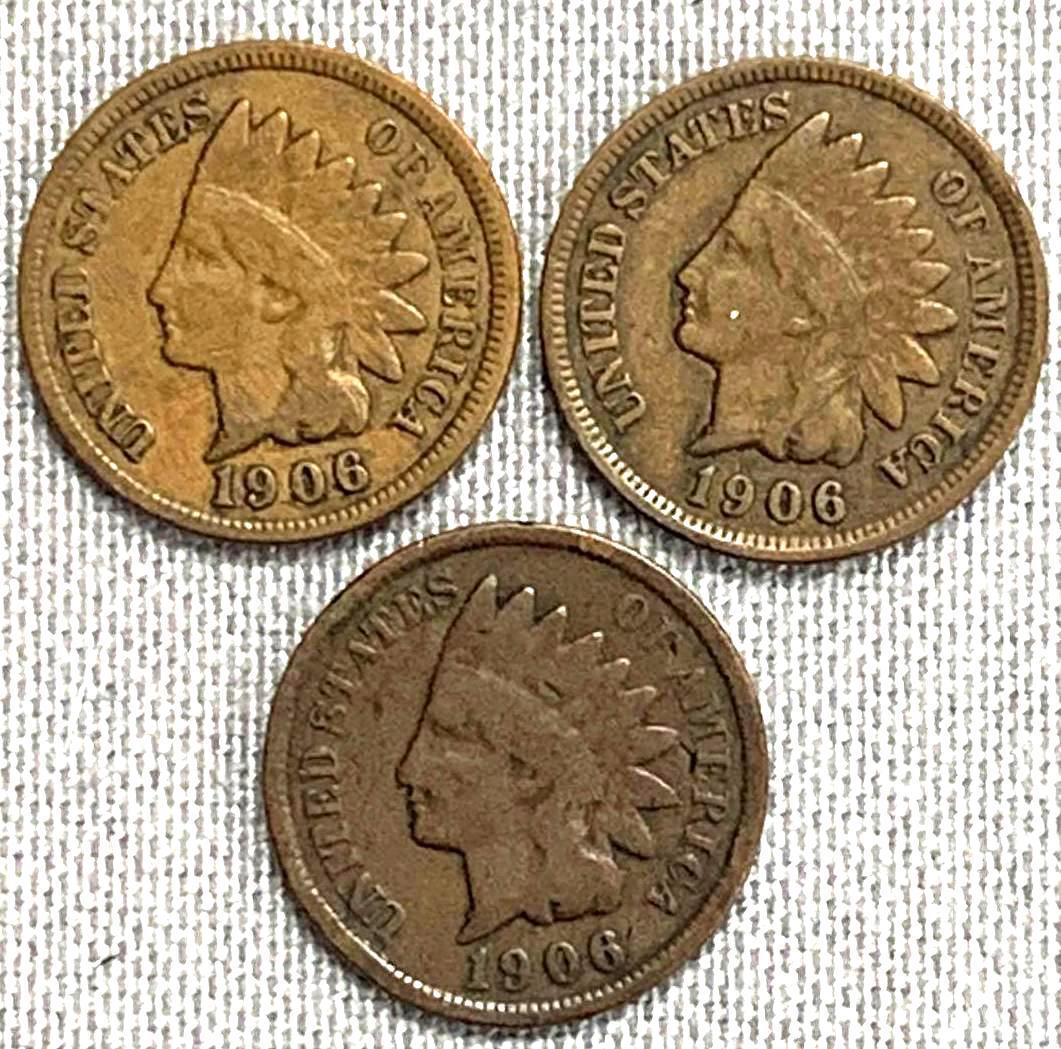 three 1906 Indian Head Cent Philadelphia Mint (1 of 7)