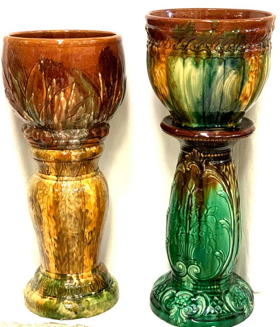 Two Antique Glazed Ceramic Planters W/Bases (1 of 7)