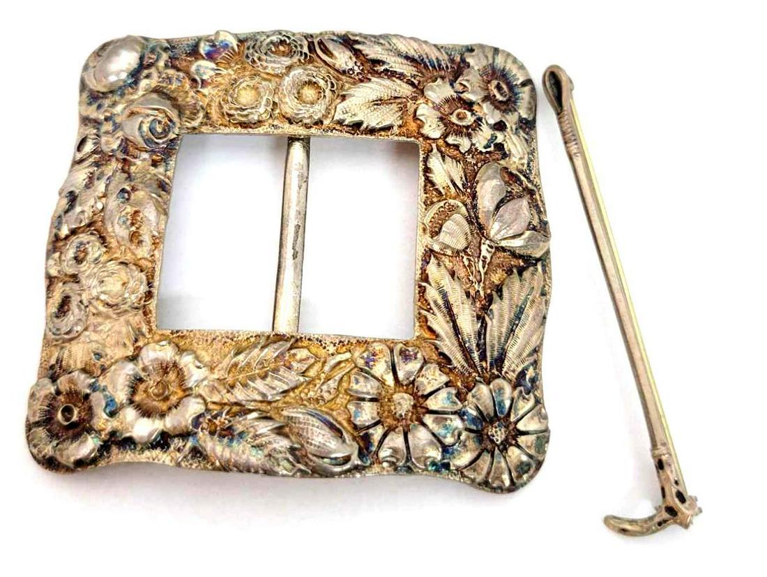 Sterling Silver Jenkins & Jenkins Belt Buckle: Sterling Silver Jenkins & Jenkins Belt Buckle, Art Nouveau Repousse & Booth Pin