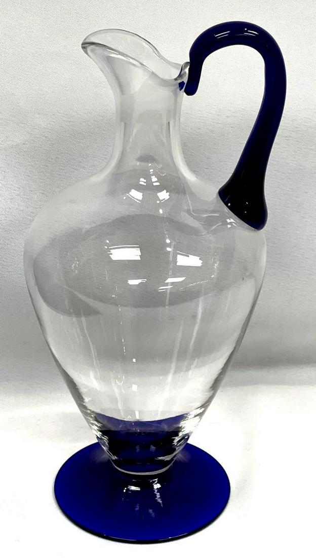 Romanian Crystal Pitcher: Romanian Crystal Pitcher Cobalt Blue Handle & Blue Base Cobalt Pitcher 10"