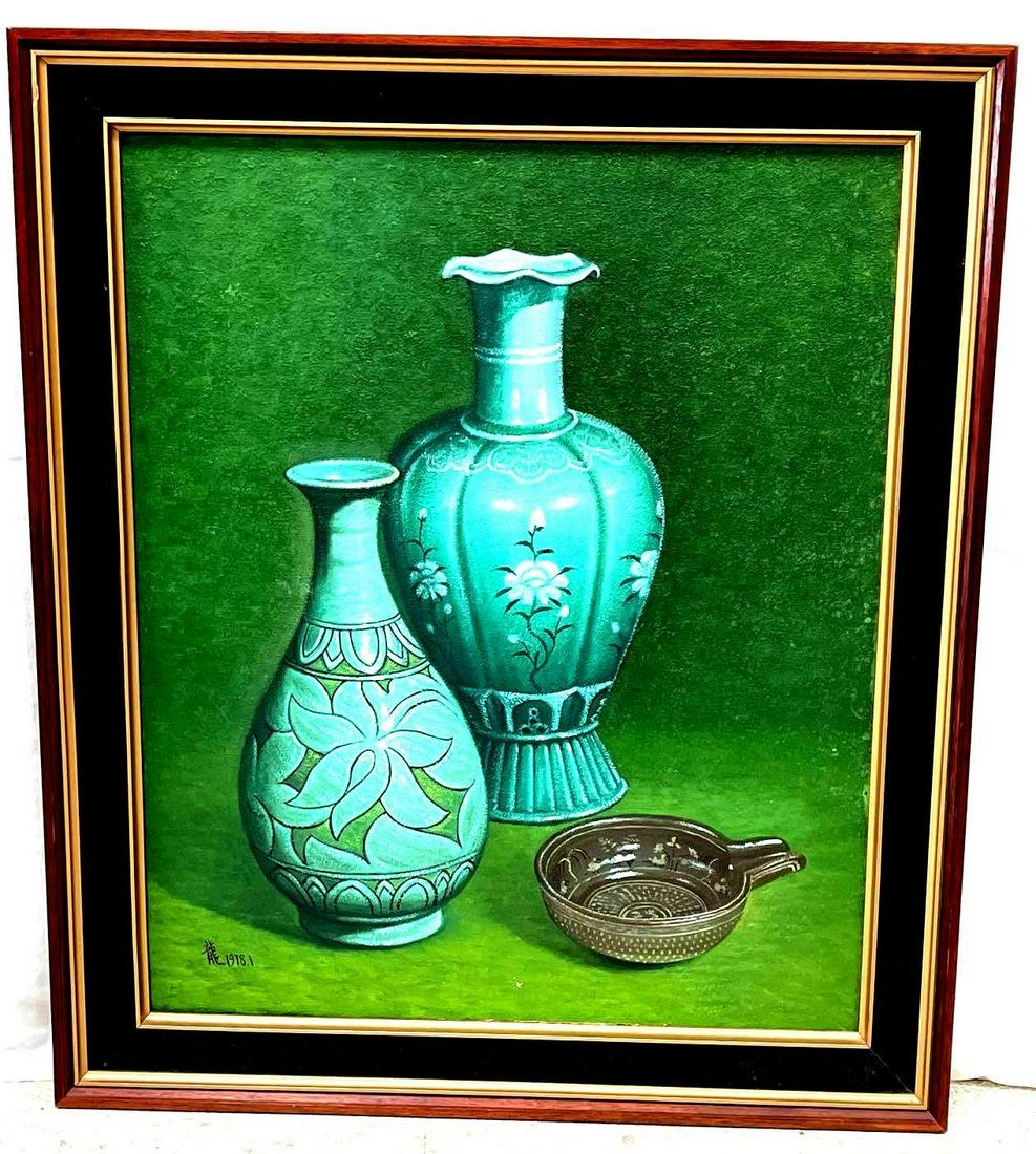 Vintage Asian Art: Vintage Painting Of Opaline Baluster Form Vase & Punchong Bottle With Decoration Of Peonies & A Katauchi Oribe Mentori 34"H X 29"W