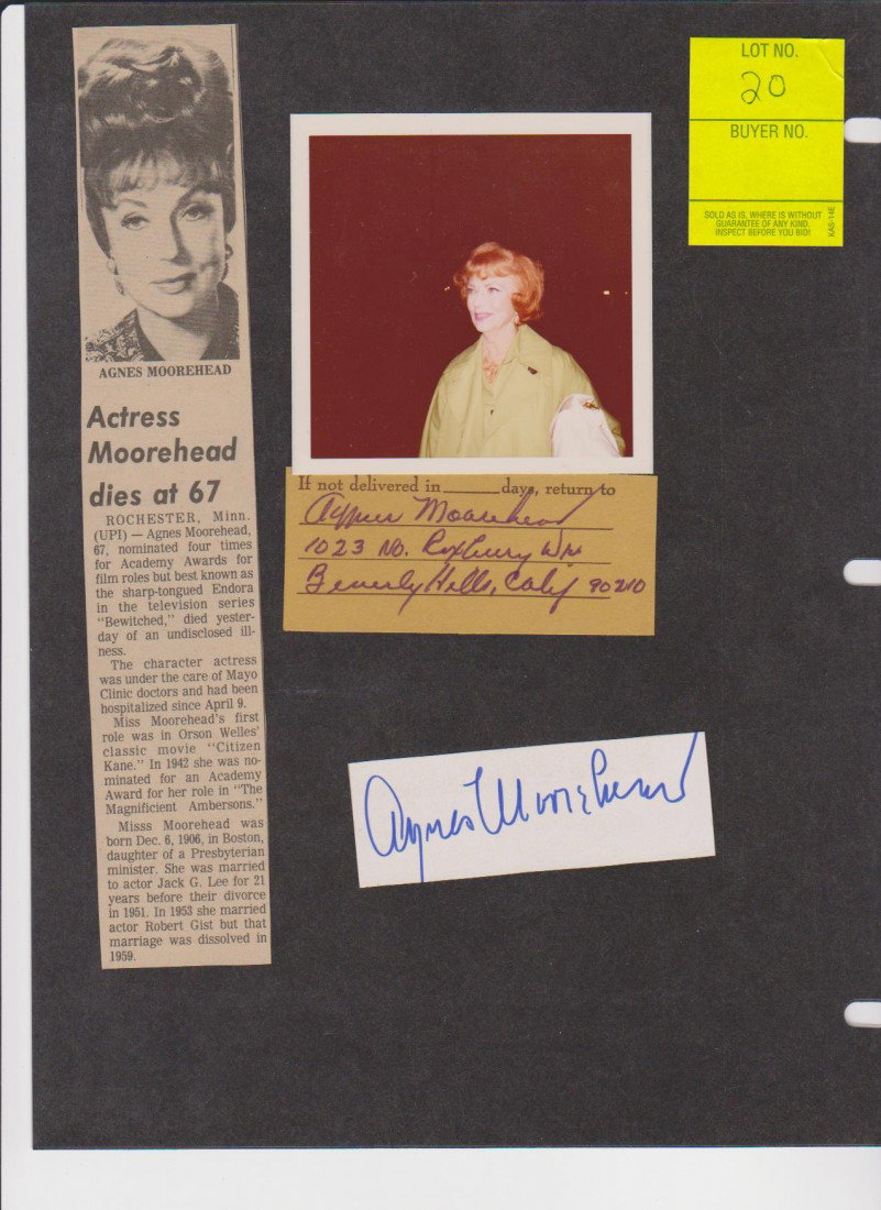 Agnes Morehead 1900-1974, 2 Autograph Signatures In: Agnes Morehead 1900-1974, 2 Autograph Signatures Including Photo & newspaper clipping, American Character Actress best known playing the role of Endora on Bewitched