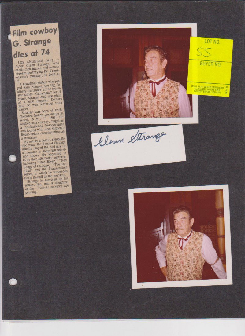 Glen Strange 1899-1973 Autograph Signature and Phot: Glen Strange 1899-1973 Autograph Signature and Photos, American Actor who appeared mostly in Western films. Best known for playing the "Frankenstein Monster" during the 1940"s, and the bartender in "G