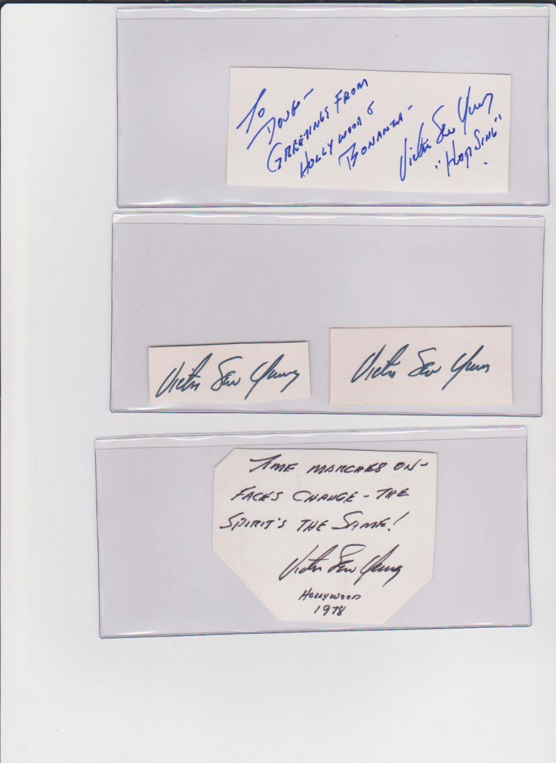 Victor Sen Young 1915-1980 4 Autograph Signatures A: Victor Sen Young 1915-1980 4 Autograph Signatures American Charater Actor first made his mark in1938 film "Charlie Chan in Honolulu" as #2 son. Best remembered Hop Sing as the cook in "Bonanza"
