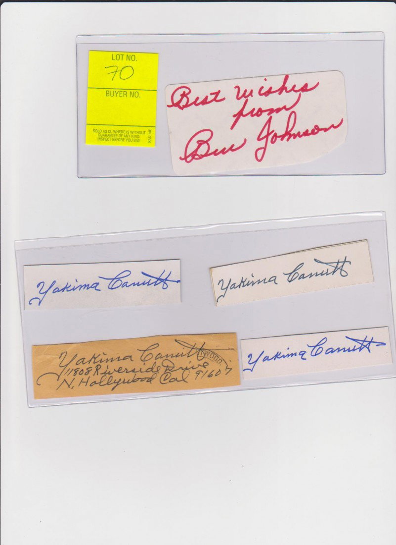 Ben Johnson 1918-1996 Autograph Signature American: Ben Johnson 1918-1996 Autograph Signature American Actor, mostly westerns, also a Rodeo Cowboy, Stuntman & Rancher; Yakima Canutt 1895-1986, 4 Autograph Signatures, American rodeo rider, actor, stuntm