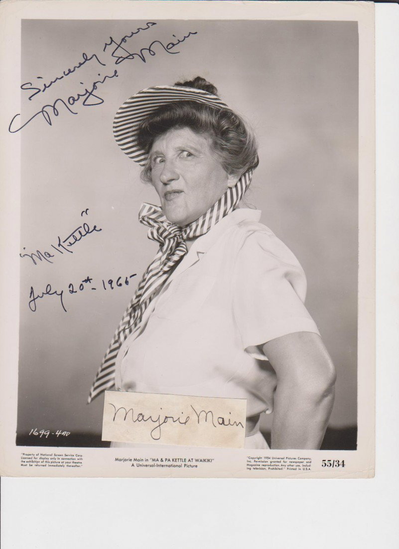 Marjorie Main 1890-1975, Signed Photo & Autograph S: Marjorie Main 1890-1975, Signed Photo & Autograph Signature, American character actress best known as her role as Ma Kettle in a series of 10 Ma & Pa Kettle movies