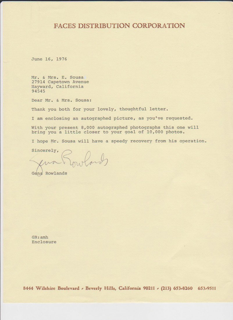 Gena Rowlands 1930, Typed Signed Letter from June: Gena Rowlands 1930, Typed Signed Letter from June 16,1967 to a fan, is an American actress of film, stage and television. The 3 time Emmy and 2 time Golden Globe winner is best known for her collabora