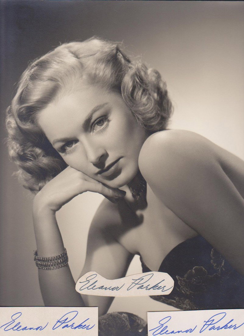 Eleanor Parker 1922, 3 Autograph Signatures, 2 Lar: Eleanor Parker 1922, 3 Autograph Signatures, 2 Large Black & White Photos and 3 Pictures, is an American screen actress. Her versatility led to her being dubbed Woman of a Thousand Faces, the title of