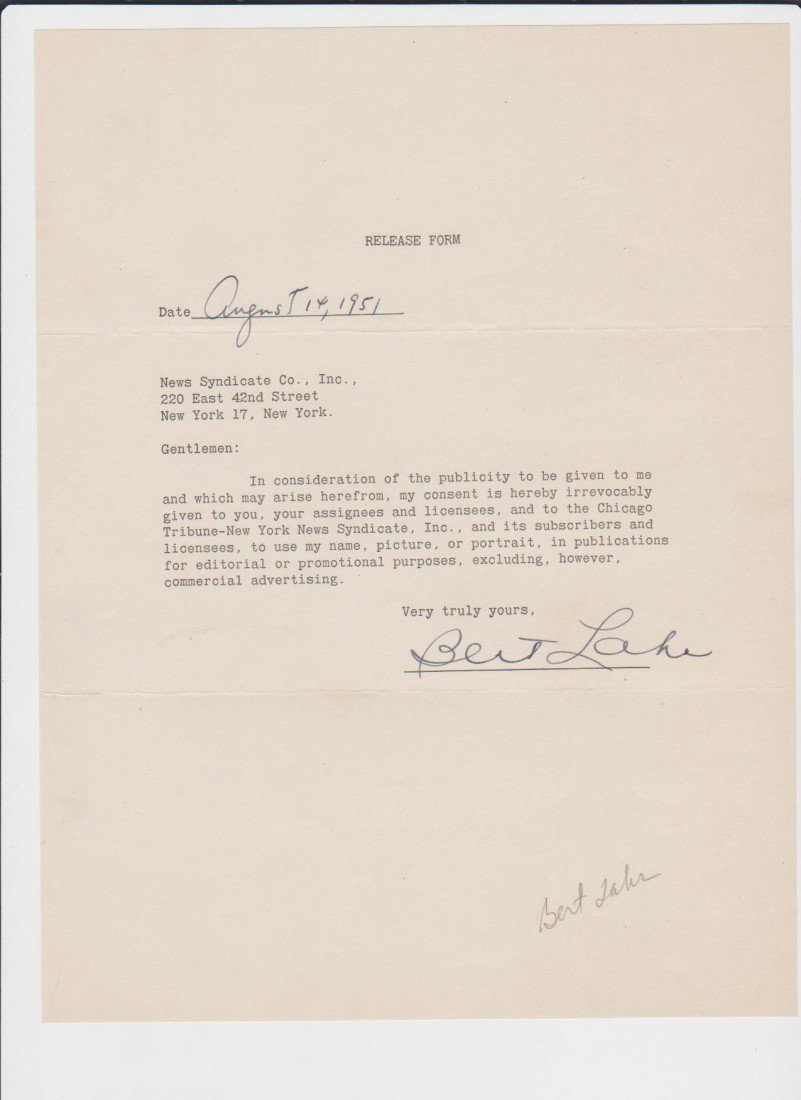 Burt Lahr 1895-1967, Signed Document from Aug. 14,: Burt Lahr 1895-1967, Signed Document from Aug. 14, 1951 release form to the News Syndicate Co. in New York; was an American actor and comedian. Lahr is remembered today for his roles as the Cowardly L