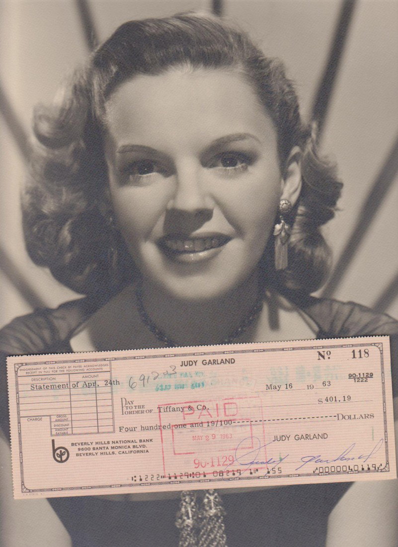 Judy Garland 1922-1969, Cancelled Check from May 1: Judy Garland 1922-1969, Cancelled Check from May 16, 1963 to Tiffany & Co. and a Large Black & White Photo; was an American actress and singer. Through a career that spanned 45 of her 47 years and for