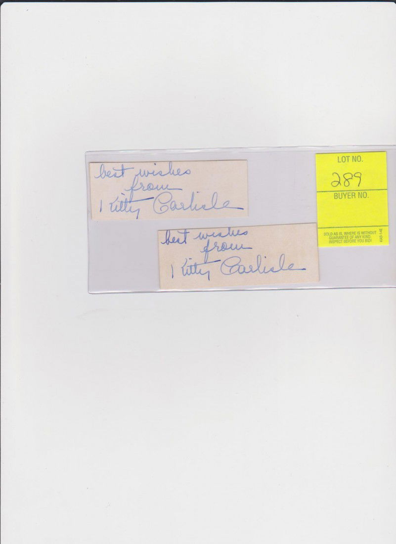 Kitty Carlisle 1910-2007, 2 Autograph Signatures,: Kitty Carlisle 1910-2007, 2 Autograph Signatures, was an American singer, actress and spokeswoman for the arts. She is best remembered as a regular panelist on the television game show To Tell the Tru