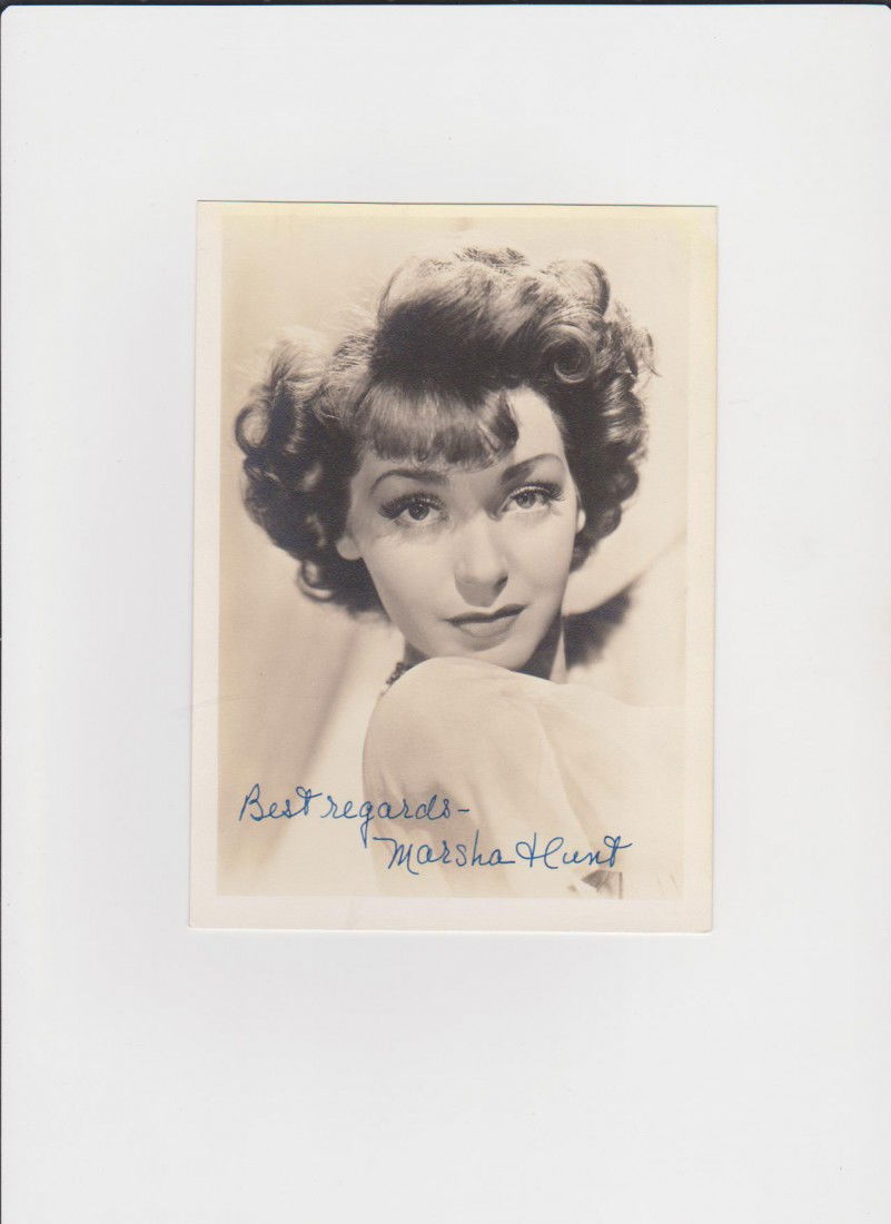 Marsha Hunt 1917, Signed Photograph, is an America: Marsha Hunt 1917, Signed Photograph, is an American film, theater, and television actress who was blacklisted by Hollywood movie studio executives in the 1950s. 1943- The Human Comedy, 1971- Johnny Go