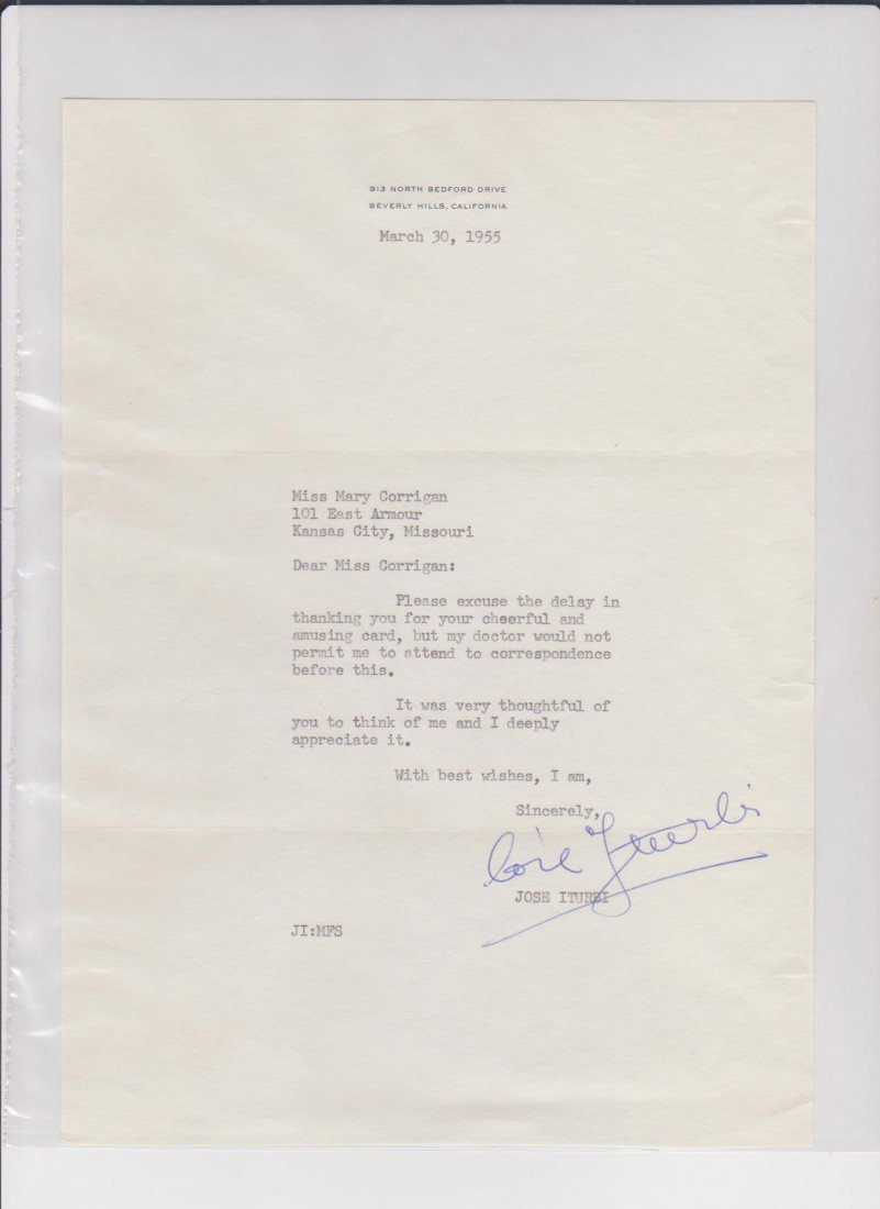 Jose Iturbi 1895-1980, Typed Signed Letter from Ma: Jose Iturbi 1895-1980, Typed Signed Letter from March 30,1955, was a Spanish conductor, harpsichordist and pianist. He appeared in several Hollywood films of the 1940s, notably playing himself in the