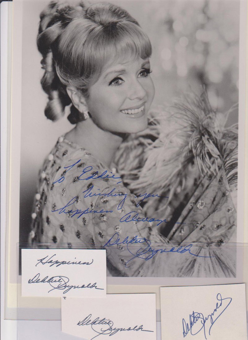 Debbie Reynolds 1932, Signed Photograph, 3 Autogra: Debbie Reynolds 1932, Signed Photograph, 3 Autograph Signatures and 8 Photos. Is an American actress, singer, and dancer. it was her first leading role, in Singin' in the Rain (1952), that set her on