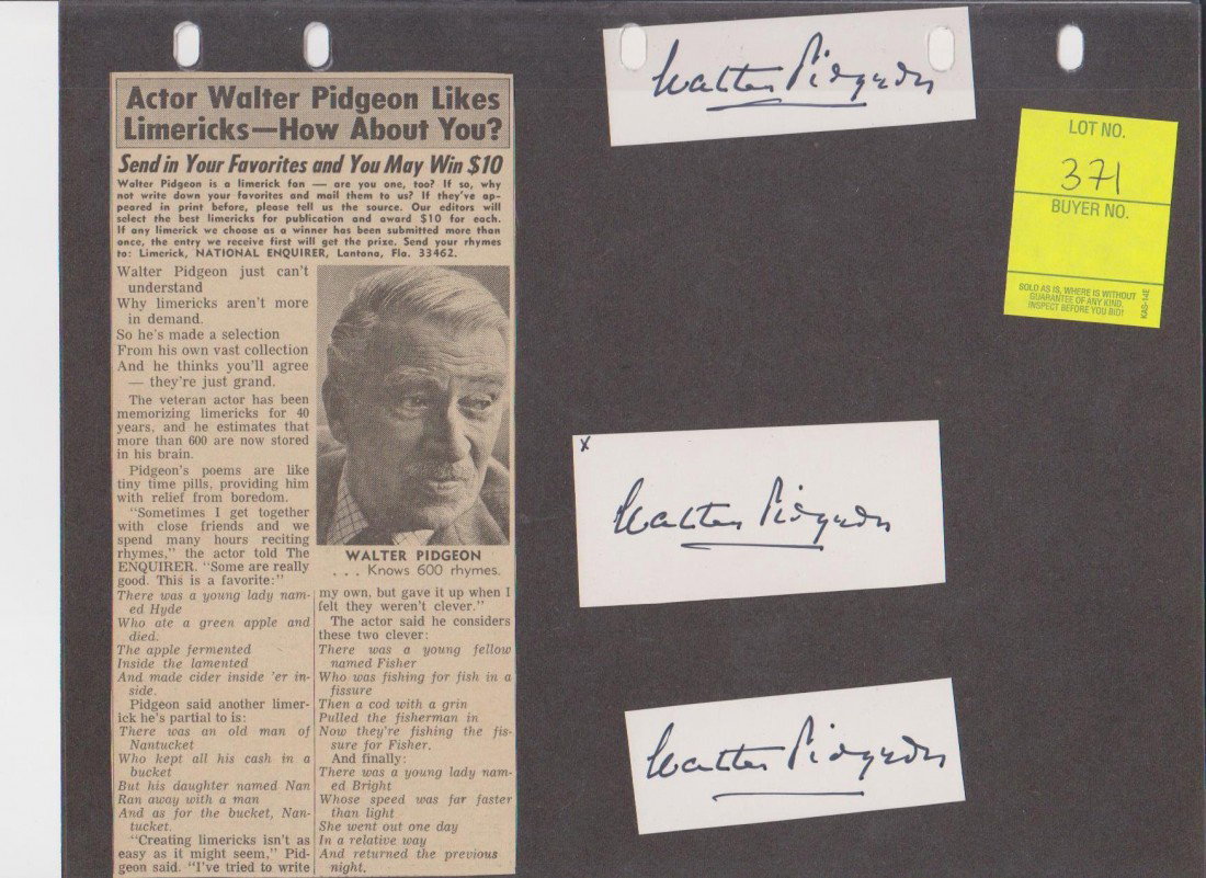 Walter Pidgeon 1897-1984, 3 Autograph Signatures &: Walter Pidgeon 1897-1984, 3 Autograph Signatures & Newspaper Clippings, was a Canadian actor who starred in many motion pictures, including Mrs. Miniver, The Bad and the Beautiful, Forbidden Planet, A