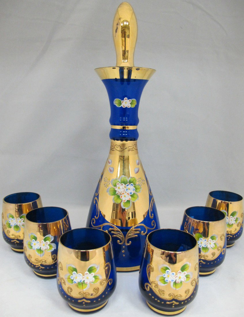 Bohemian Cobalt Hand Painted Glass Decanter Set wi: Bohemian Cobalt Hand Painted Glass Decanter Set with 6 Cordials