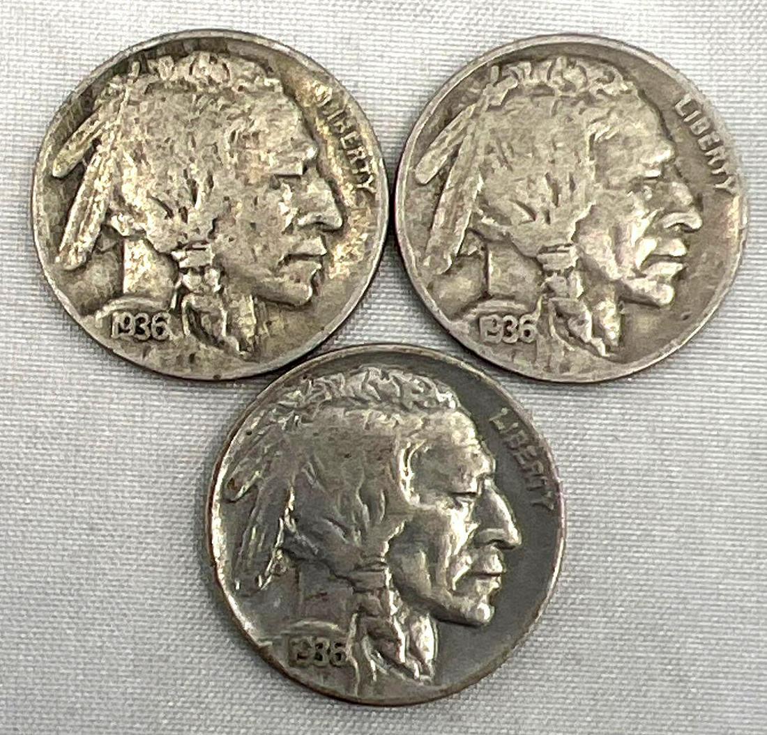 (3)1936 Buffalo Nickel!: (3) 1936 Buffalo Nickel! Struck By The Philadelphia Mint, This Coin Is A True Classic. The Obverse Features A Proud Native American Profile. The Reverse Depicts A Rugged American Buffalo.