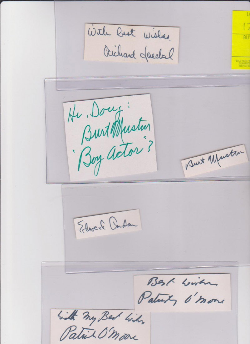 Collection of American Character Actors Autograph S: Collection of American Character Actors Autograph Signatures Including: Richard Jaeckel 1926-1997, 1943 Guadalcanal Diary, 1949 Sands of Iwo Jima, Burt Mustin 1884-1977 (2), Edward Andrews 1914-1985,