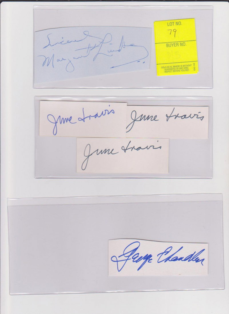 Collection of Autograph Signatures: Margaret Lindsa: Collection of Autograph Signatures: Margaret Lindsay 1910-1981 american film actress, 1945 Scarlet Street, 1938 Jezebel with Bette Davis, June Travis 1914-2008 3 Signatures, Screen debut in 1935 Stran