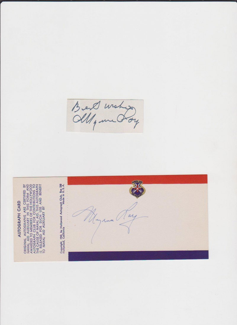 Myrna Loy 1905-1993 Autograph Card & Autograph Sign: Myrna Loy 1905-1993 Autograph Card & Autograph Signature, American Actress who started in Silent film worked with William Powell in 14 films 1934- The Thin Man, 1936 Zigfield Follies