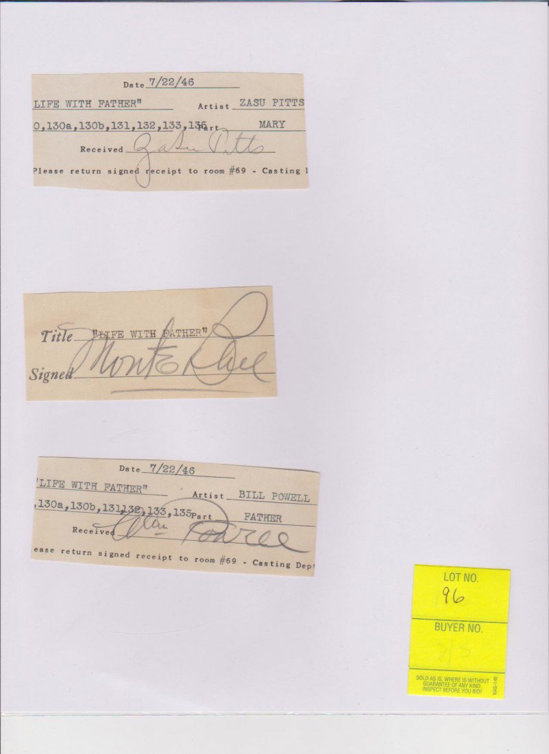 Collection of 3 Signed Documents from July 22, 1946: Collection of 3 Signed Documents from July 22, 1946 film Life with Father:William Powell 1892-1984, Zasu Pitts 1894-1963 she starred in many silent films & comedies, 1917-The Little Princess with Mary
