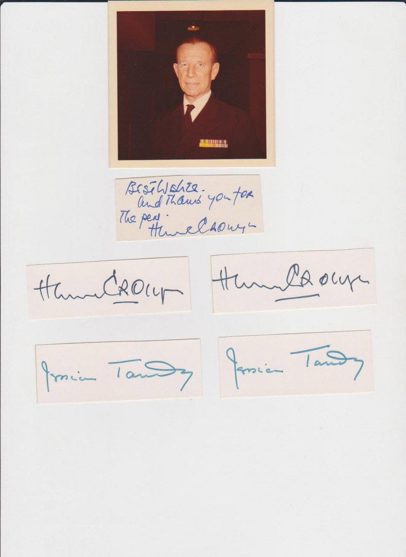 Jessica Tandy 1909-1994 2 autographes signatures E: Jessica Tandy 1909-1994 2 autographes signatures English/American stage and film actress Married to Hume Cronyn wona a Tony 1948 Streetcar Named Desire Acadamy award 1989 Driving Miss Daisy also in th