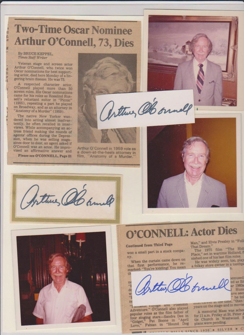 Arthur O'Connell 1908-1981, 3 Autograph Signatures: Arthur O'Connell 1908-1981, 3 Autograph Signatures, 3 Photos and Newspaper Clippings, was an American stage and film actor. He appeared in films (starting with a small role in Citizen Kane) in 1941 an